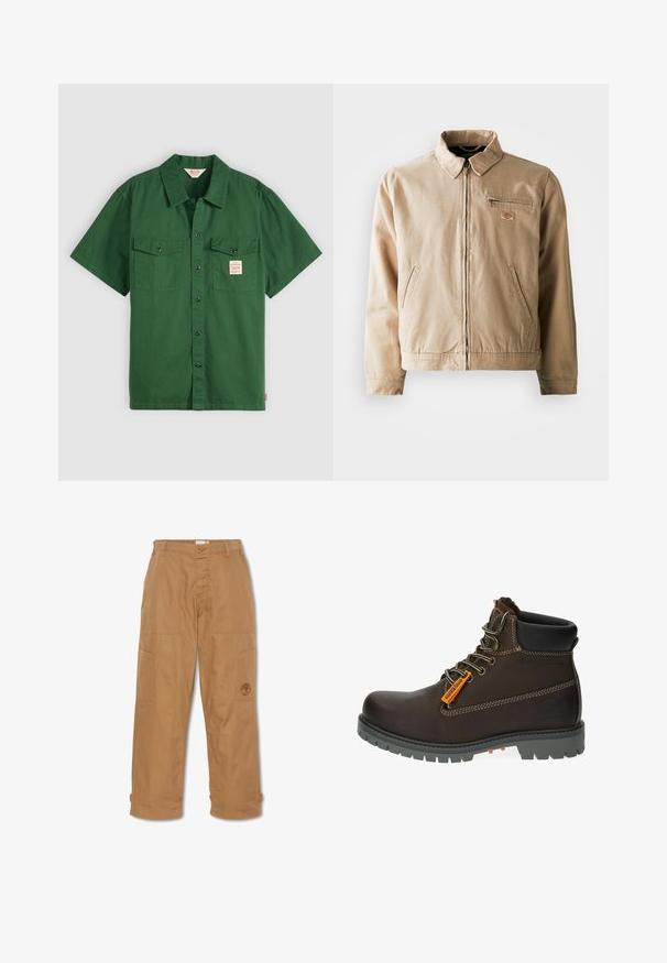 Beige canvas jack met een ritssluiting aan de voorkant, staande kraag en twee zijzakken. Inclusief een klein logo-opstrijken op de borst.; Korte mouwen groene katoenen shirt met knoopsluiting, twee borstzakken en een klein label op de linkse zak. Effen, geen patronen.; Khaki werkbroek, gemaakt van duurzaam materiaal, heeft meerdere zakken, een knoopsluiting en een geborduurd logo op de dij.; Bruine leren enkellaars met een grijze rubberen zool, oranje accentlabel en metalen oogjes. Kenmerken zijn contrasterende stiksels en een gevoerd kraagje.
