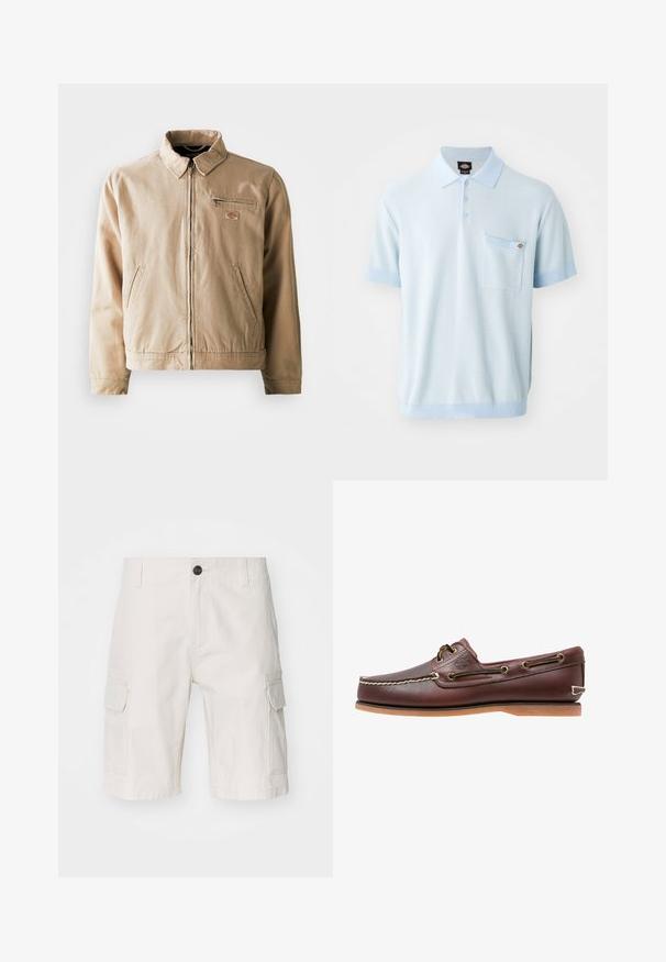 Veste en toile beige avec fermeture éclair à l'avant, col montant et deux poches latérales. Comprend un petit écusson logo sur la poitrine.; Polo shirt bleu clair en tissu texturé, doté de trois boutons, de manches courtes avec des poignets contrastés et d'une poche poitrine avant.; Shorts cargo beiges en tissu léger, dotés de deux poches latérales, d'une fermeture à bouton et d'une coupe décontractée. Texture lisse avec un motif subtil.; Chaussure bateau en cuir marron avec coutures blanches, détails de lacets et semelle en caoutchouc beige, vue de côté sur fond blanc.