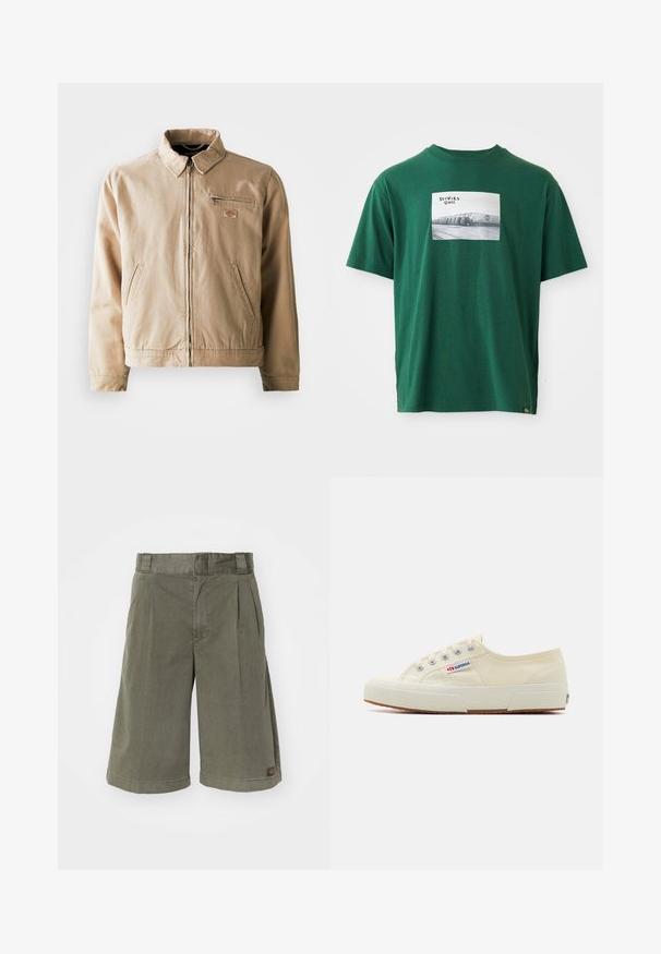 Beige Canvas-Jacke mit Reißverschluss, Stehkragen und zwei Seitentaschen. Mit einem kleinen Logopatch auf der Brust.; Grünes Baumwoll-T-Shirt mit kurzen Ärmeln, das auf der Vorderseite einen quadratischen Grafikdruck eines schwarz-weißen Fotos und Logos zeigt.; Olivgrüne Shorts aus Baumwollmischgewebe. Mit Falten und geradem Schnitt, sowie einem kleinen Markenetikett an der Seite.; Beige Leinen-Sneaker mit niedrigem Profil, Metallösen und Gummisohle. Mit einem strukturierten Muster und einem Logodetail an der Seite.