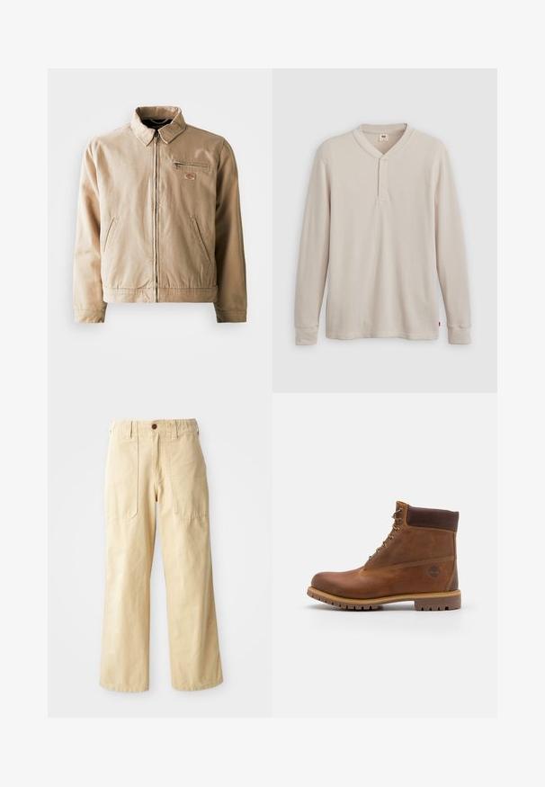 Beige Canvas-Jacke mit Reißverschluss, Stehkragen und zwei Seitentaschen. Mit einem kleinen Logopatch auf der Brust.; Langärmliges Henley-Shirt aus leicht beigem Rippstoff mit V-Ausschnitt, Knopfleiste mit drei Knöpfen und angeschnittenen Ärmeln. Roter Logo-Tag am Saum.; Beige Weitbein-Hosen aus Baumwolle. Sie haben eine hohe Taille, zwei vordere Taschen mit flachem Design und einen einzelnen Knopfverschluss.; Braune Lederwanderschuhe mit glatter Oberfläche, gepolstertem Knöchel, Metallösen und einer Gummisohle mit robustem Profil.