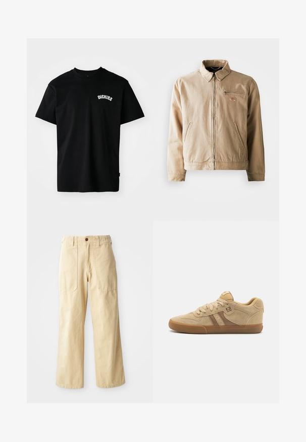 Beige Canvas-Jacke mit Reißverschluss, Stehkragen und zwei Seitentaschen. Mit einem kleinen Logopatch auf der Brust.; Schwarzes Baumwoll-T-Shirt mit kurzen Ärmeln und Rundhalsausschnitt. Mit einem weißen, geschwungenen Logo "DICKIES" auf der Brust. Schlichtes Design, ohne Muster.; Beige Weitbein-Hosen aus Baumwolle. Sie haben eine hohe Taille, zwei vordere Taschen mit flachem Design und einen einzelnen Knopfverschluss.; Beige Wildlederschuhe mit runder Zehenform, Schnürverschluss und einem braunen Akzentstreifen. Gummisohle mit strukturiertem Grip. Einfaches Logo an der Seite.