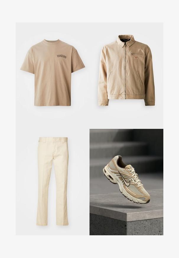 Beige Canvas-Jacke mit Reißverschluss, Stehkragen und zwei Seitentaschen. Mit einem kleinen Logopatch auf der Brust.; Beige Baumwoll-T-Shirt mit kurzen Ärmeln und Rundhalsausschnitt. Auf der linken Brust befindet sich ein schwarzer "DICKIES"-Aufdruck. Klassische Passform und glatte Textur.; Beige Baumwollhose mit geradem Schnitt, ausgestattet mit einem Reißverschluss, Gürtelschlaufen und Taschen. Glatte Textur mit minimalem Nähdetail.; Beiger und weißer Nike Laufschuh mit Mesh-Paneelen und schwarzem Swoosh, schwebt über einem Betonsims mit unscharfen Treppen im Hintergrund.