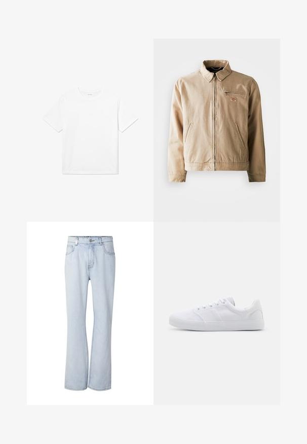 Veste en toile beige avec fermeture éclair à l'avant, col montant et deux poches latérales. Comprend un petit écusson logo sur la poitrine.; T-shirt en coton blanc avec des manches courtes, un col rond et un ourlet droit. Texture lisse sans motifs ni accents visibles.; Jean en denim bleu clair taille haute avec poches avant, fermeture par boutons et jambes légèrement évasées sur fond blanc.; Baskets en toile blanches avec une semelle en caoutchouc, dotées de six œillets, d'un embout texturé et d'un design minimaliste.