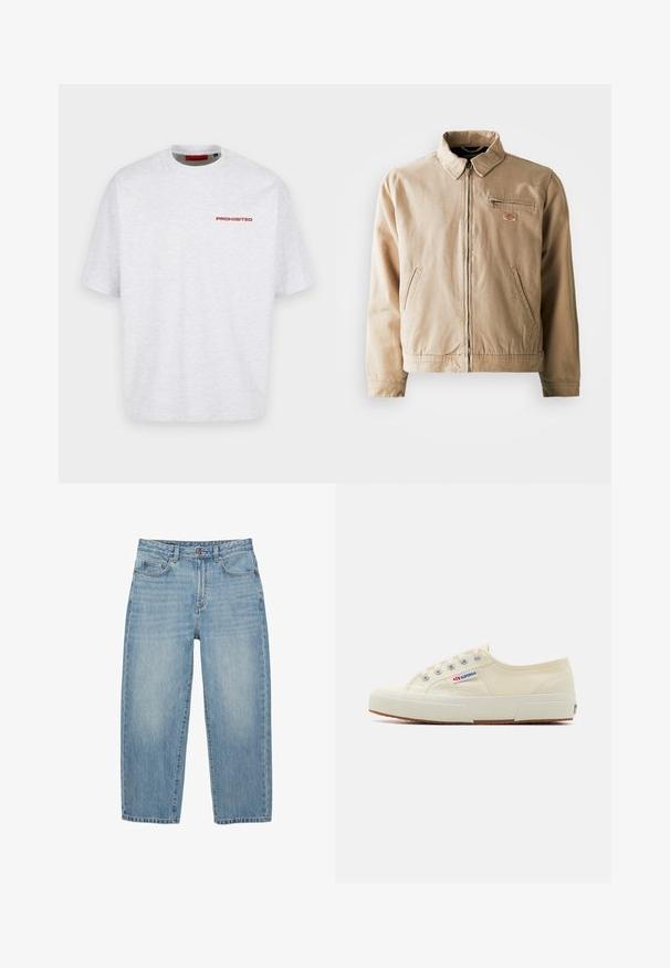Veste en toile beige avec fermeture éclair à l'avant, col montant et deux poches latérales. Comprend un petit écusson logo sur la poitrine.; T-shirt blanc uni à col rond avec manches courtes et petit texte rouge « PROHIBITED » sur la partie supérieure gauche de la poitrine.; Jean en denim bleu clair à jambes droites avec bouton à l'avant, fermeture éclair et design à cinq poches sur fond blanc.; Baskets en toile beige au design épuré, œillets en métal et semelle en caoutchouc. Présente un motif texturé et un détail de logo sur le côté.