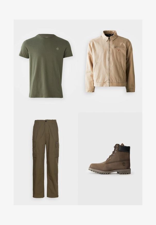 Beige canvas jack met een ritssluiting aan de voorkant, staande kraag en twee zijzakken. Inclusief een klein logo-opstrijken op de borst.; Olijf groene katoenen t-shirt met een ronde hals, korte mouwen en een klein geborduurd logo op de borst. Soepele textuur, klassieke pasvorm.; Olijfgroene cargobroek, gemaakt van duurzaam stof. Beschikt over twee zijzakken, een standaard taille en een rechte pijp.; Bruine leren enkelboot met zwarte kraag, metalen veterogen en een robuuste grijze zool. Beschikt over een logo aan de zijkant en gestikte details.
