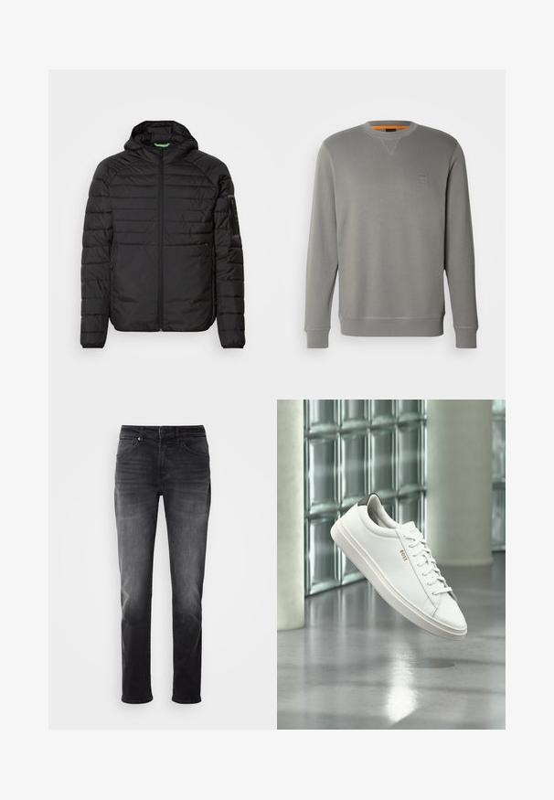 Zwarte gewatteerde, gevoerde jas met een rits aan de voorkant, ritszakken aan de zijkant en een ritsvak op de linker mouw, tegen een witte achtergrond.; BOSS WESTART - Sweater - open grey sixteen; Zwarte denim jeans met een recht gesneden pijp. Kenmerken zijn een knoop- en ritssluiting, vijf zakken en subtiele vervaging op de stof.; Witte leren lage sneaker met veters, zwarte hielstrook en "BOSS"-logo, zwevend binnenshuis bij een glazen stenen muur en gepolijste vloer.