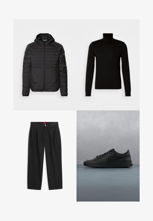 Schwarze gesteppte Kapuzenjacke mit Frontreißverschluss, seitlichen Reißverschlusstaschen und einer Reißverschlusstasche auf dem linken Ärmel vor einem weißen Hintergrund.; Schwarzer Rollkragenpullover aus feiner Strickware, mit langen Ärmeln und taillierter Silhouette. Glatte Textur mit gerippten Bündchen.; Schwarze Hose mit hoher Taille, vorderen Falten, Gürtelschlaufen, Knopf- und Reißverschluss sowie einem roten Etikett innen am Bund.; Schwarze Sneaker mit glattem Lederobermaterial, runder Zehenpartie, flachen Schnürsenkeln, gepolstertem Kragen und minimalistischem Design. Gummisohle mit subtiler Profilierung.