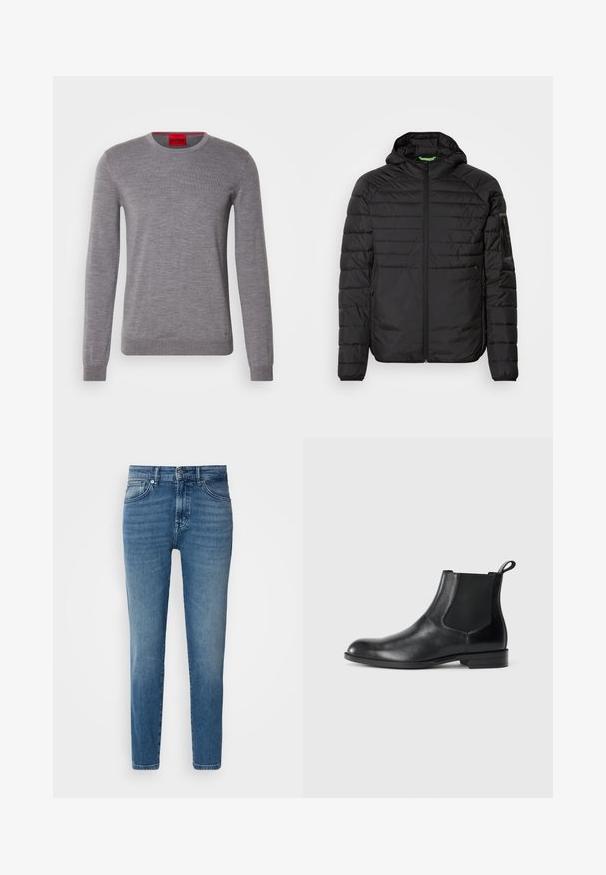 Veste à capuche matelassée noire avec fermeture éclair à l'avant, poches latérales zippées et une poche zippée sur la manche gauche sur fond blanc.; HUGO SAN CEDRIC - Pullover - medium grey; Jeans en denim bleu clair avec une coupe droite, design traditionnel à cinq poches, fermeture par bouton en métal et décoloration subtile à l'avant.; Bottine en cuir noir avec des panneaux latéraux élastiques, bout rond et tirette. Texture lisse, semelle plate, design minimaliste.