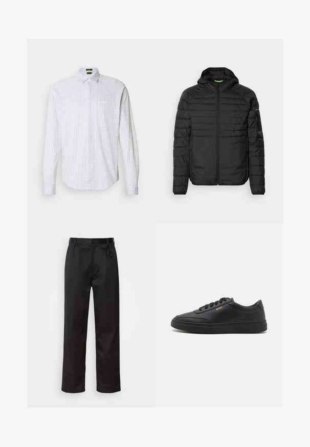 Chaqueta acolchada negra con capucha, cremallera frontal, bolsillos laterales con cremallera y un bolsillo con cremallera en la manga izquierda, sobre un fondo blanco.; Camisa de manga larga abotonada en blanco con un patrón de cuadros en azul. Presenta un cuello clásico y un bolsillo en el frente. Tejido suave con un ajuste estructurado.; Pantalones negros de tela suave, con cierre delantero de botón, pliegues y patas rectas. Sin patrones ni acentos visibles.; Zapatillas de cuero negro con una textura suave, punta redondeada, suela plana de goma y cordones a tono. Presentan el logotipo dorado "BOSS" en el lateral.