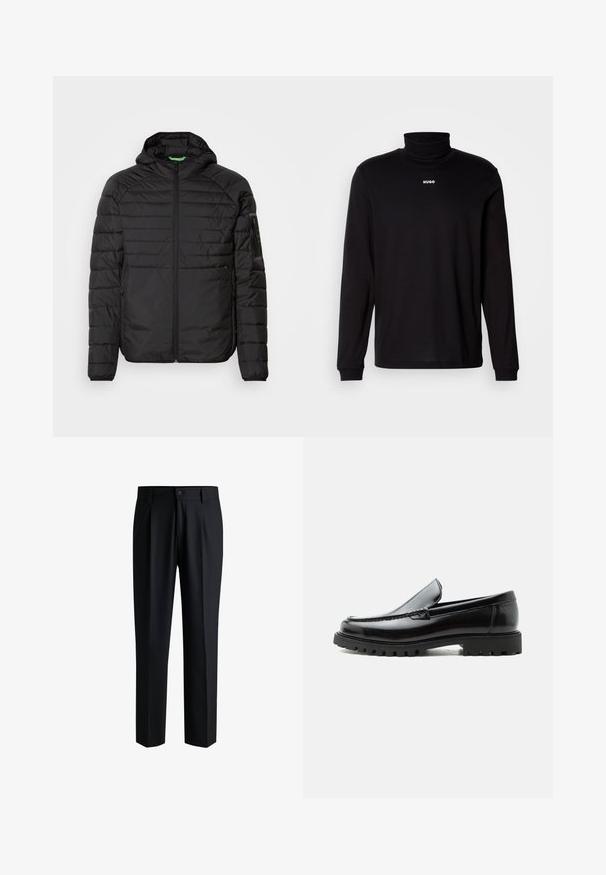 Veste à capuche matelassée noire avec fermeture éclair à l'avant, poches latérales zippées et une poche zippée sur la manche gauche sur fond blanc.; T-shirt à col roulé noir à manches longues en tissu lisse, avec un logo "HUGO" blanc sur la poitrine, doté de poignets et d'un ourlet ajustés.; Pantalons noirs en tissu lisse, avec une coupe droite, des plis à l'avant et une fermeture à bouton avec passants de ceinture.; Mocassin en cuir noir avec semelle en caoutchouc épaisse, dessus cousu et nom de marque embossé sur le talon, présenté de profil sur fond blanc.