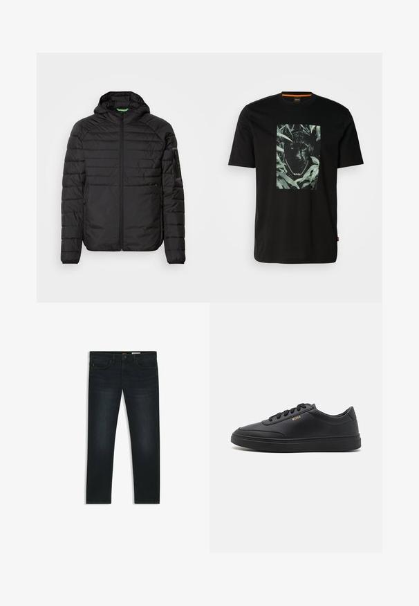 Sort quiltet hættejakke med frontlynlås, lynlåslommer på siden og en lynlåslomme på venstre ærme mod en hvid baggrund.; Sort bomulds t-shirt med et centralt grafik af en panter omgivet af blade, med en kædekrave og "BOSS" tekst. Korte ærmer.; Mørke denim jeans med lige pasform, subtilt slid, fem lommer og orange syninger som accent på taljen.; Sorte lædersneakers med en glat overflade, rund tå, flad gummisål og tonede snørebånd. Udstyret med guld "BOSS" branding på siden.