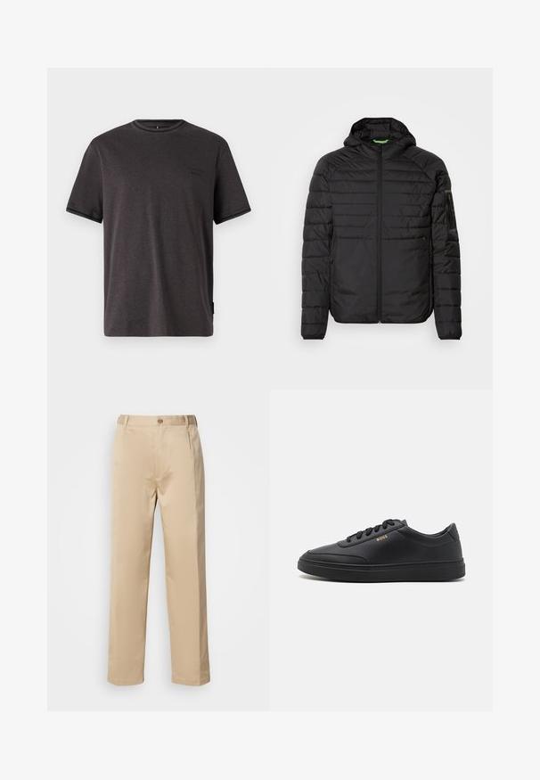 Chaqueta acolchada negra con capucha, cremallera frontal, bolsillos laterales con cremallera y un bolsillo con cremallera en la manga izquierda, sobre un fondo blanco.; Camiseta de manga corta en gris carbón, hecha de una tela suave. Presenta un cuello redondo y un pequeño logo en el pecho. Textura suave.; Pantalones beige hechos de una tela ligera, con un diseño de pierna recta, cinturilla con trabillas y un solo botón en la parte frontal.; Zapatillas de cuero negro con una textura suave, punta redondeada, suela plana de goma y cordones a tono. Presentan el logotipo dorado "BOSS" en el lateral.