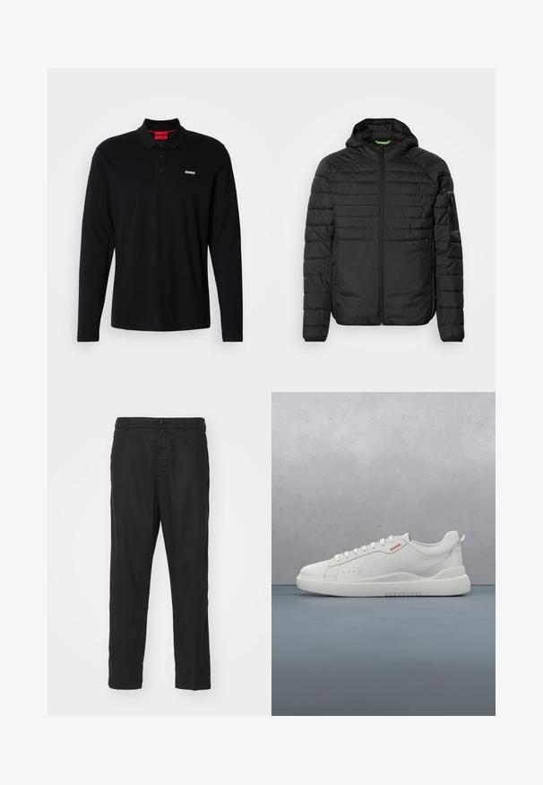 Schwarze gesteppte Kapuzenjacke mit Frontreißverschluss, seitlichen Reißverschlusstaschen und einer Reißverschlusstasche auf dem linken Ärmel vor einem weißen Hintergrund.; Schwarzes Longsleeve-Polohemd aus Baumwolle mit rotem Kragen und Drei-Knopf-Leiste, ausgestattet mit einem weißen "HUGO"-Logo auf der Brust.; Schwarze Baumwollchinos mit geradem Bein, Knopfverschluss und Seitentaschen. Glatte Textur und keine sichtbaren Muster oder Akzente.; Weiße Sneaker aus glattem Leder, runde Spitze, vier Ösen, dezente Perforationen und ein rotes Logodetail an der Seite.