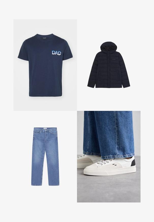 Marineblauwe gewatteerde jas met capuchon, voorzakken en subtiele "LES DEUX" logo op de borst, ontworpen voor koud weer.; Marineblauwe katoenen T-shirt met korte mouwen. Heeft een witte grafische tekst "DAD" aan de linkerkant, in een vet lettertype. Eenvoudig en casual ontwerp.; WOOD WOOD WW TYPE 2 DENIM STRAIGHT LEG - Straight leg jeans - ocean; Witte en zwarte sneakers met een glad leren bovenwerk, textuuraccenten en een chunky witte zool. Heeft een klassiek vetersluiting ontwerp.