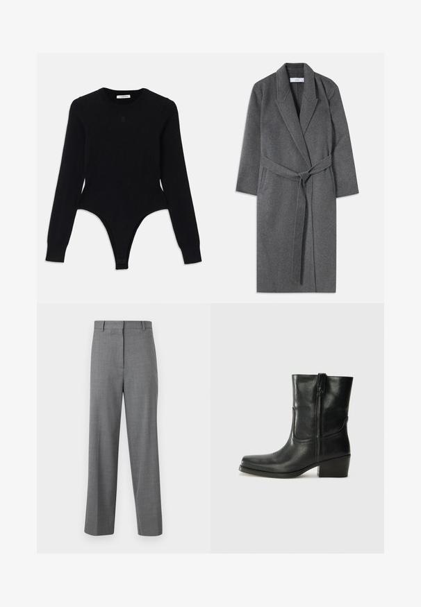 Grå uldfrakke med lange ærmer, en bæltet talje og en spids krave. Har et rent, minimalistisk design og en blød tekstur.; Sort langærmet bodysuit med rund halsudskæring, tætsiddende design og thong-lignende bund. Fremstillet af blødt, elastisk stof for komfort.; Herregrå skræddersyede bukser med lige ben, talje med bæltestropper og skjult frontlukning.; Sort læder ankelstøvle med rundt tå, blokhæl, lynlås i siden og stikninger på vampsiden. Glat tekstur, klassisk design.