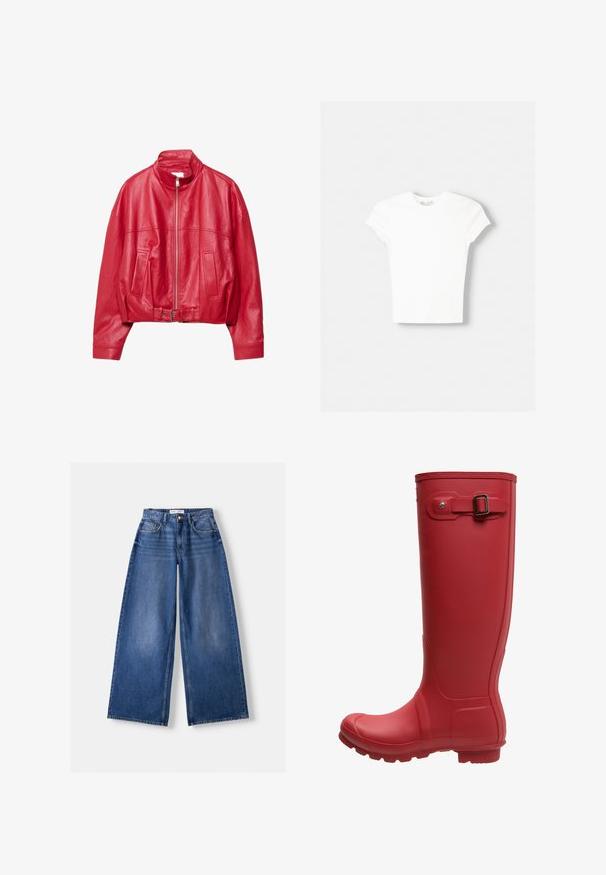 Rote Jacke aus Kunstleder mit Frontreißverschluss, zwei Taschen, hohem Kragen, langen Ärmeln und verstellbarem Schnallenbund, flach liegend dargestellt.; Weißes kurzärmliges T-Shirt aus weicher Baumwolle, mit Rundhalsausschnitt und figurbetonter Form. Keine sichtbaren Muster oder Verzierungen.; Weit geschnittene blaue Denim-Jeans mit Vordertaschen, Gürtelschlaufen und Knopfverschluss, flach auf hellem Hintergrund liegend.; Rote Gummiregenstiefel mit hohem Schaft, runder Spitze, strukturierten Sohle und einer metallischen Schnalle als Akzent an der Seite. Glatte Oberfläche und flexibles Design.