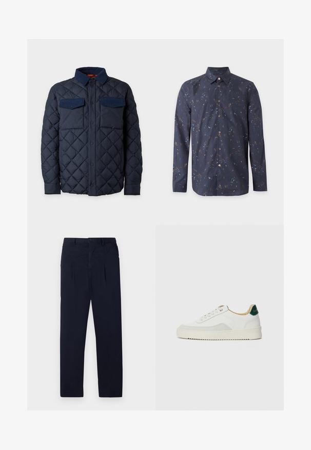 Chaqueta azul marino acolchada con botones a presión, dos bolsillos en el pecho con solapas y cuello de pana.; Camisa azul marino de manga larga con botones, con estampado abstracto de pinceladas multicolor y cuello clásico puntiagudo.; Pantalones azul marino hechos de una tela ligera que cuentan con un frente plano, dos pliegues y un cierre de botón estándar en la cintura.; Zapatilla blanca con acentos de ante, puntera redondeada, cordones planos y suela de goma color crema. Presenta un logo verde en el talón.