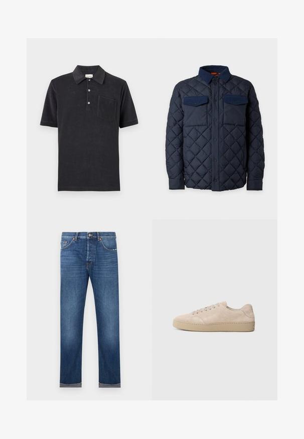 Veste matelassée bleu marine avec boutons-pression, deux poches poitrine avec rabats et un col en velours côtelé.; Polo noir à manches courtes avec trois boutons blancs et une poche poitrine, posé à plat sur un fond neutre.; Jean droit pour homme en denim bleu avec fermeture par bouton, design à cinq poches, et ourlets retroussés sur fond blanc.; Baskets en daim beige avec un bout rond, des lacets plats et une semelle en caoutchouc texturé. Design minimaliste avec des bords lisses et des coutures discrètes.