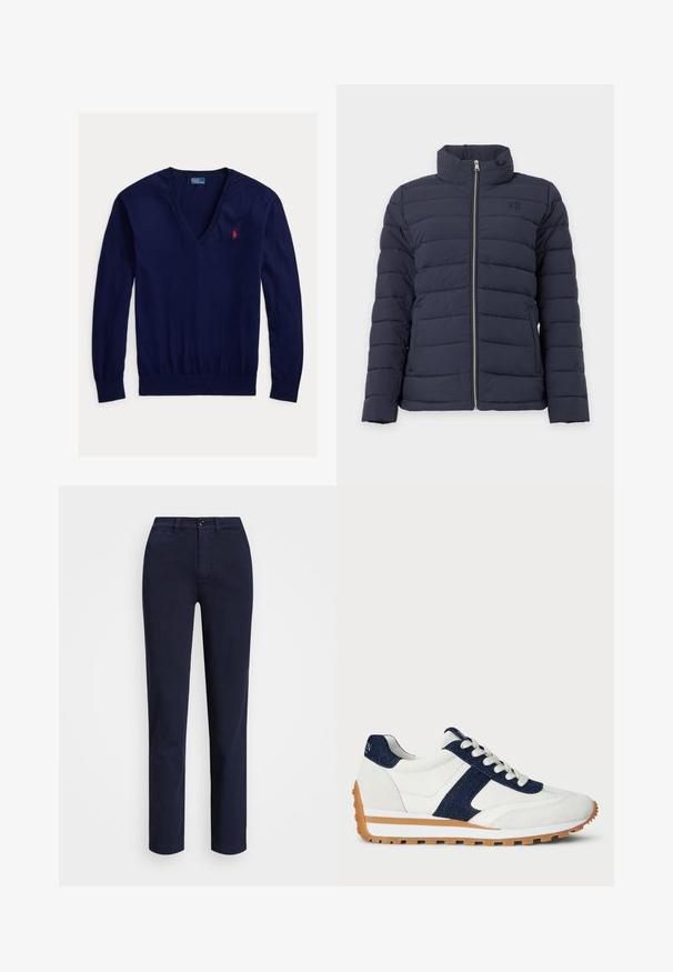 Marineblauwe doorgestikte jas met hoge kraag, ritssluiting aan de voorkant, lange mouwen en twee zijzakken.; Marineblauwe V-hals trui met lange mouwen, rood geborduurd Polo Ralph Lauren-logo op de linkerborst en geribbelde boorden en zoom.; Lauren Ralph Lauren SLIM FIT STRETCH CHINO PANT - Chino - navy; Witte sneaker met marineblauwe denim en suède accenten. Kenmerkt zich door een gestructureerde bovenkant, gevoerde kraag, vetersluiting aan de voorkant en een contrasterende rubberen zool.