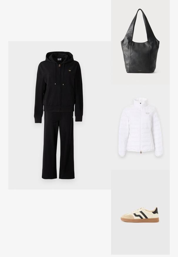 Witte gewatteerde jas met hoge kraag, ritssluiting aan de voorkant, zijzakken en een klein EA7 Emporio Armani-logo op de linkerborst.; Zwarte rits-hoodie met drawstrings en bijpassende wijde broek, met kleine gouden logo-details op de borst en heup.; Vetersneakers met een crèmekleurig bovenwerk met zwarte strepen en een suède neuskapje, gecombineerd met een bruine rubberen zool.; Zwarte leren schoudertas met brede bandjes en subtiel gouden logo onderaan in het midden tegen een effen lichte achtergrond.