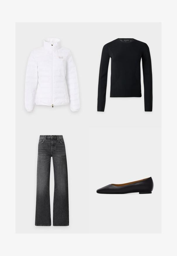Witte gewatteerde jas met hoge kraag, ritssluiting aan de voorkant, zijzakken en een klein EA7 Emporio Armani-logo op de linkerborst.; Zwarte trui met lange mouwen en ronde hals, een slanke pasvorm en subtiele stikseldetails, afgebeeld op een effen lichte achtergrond.; Zwarte spijkerbroek van denim met een hoge taille en een wijd uitlopende pasvorm. Bevat vijf zakken en een subtiele vervaagde textuur met contrasterende stiksels.; Zwarte leren puntschoen met lage hak en gladde afwerking, zijaanzicht op een lichtgrijze achtergrond.