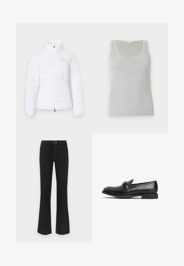 Hvid polstret jakke med høj krave, frontlynlås, sidelommer og lille EA7 Emporio Armani-logo på venstre bryst.; Grå ribstrikket tanktop med rund halsudskæring, lavet af et struktureret strikket stof. Har en tætsiddende silhuet og minimal syning.; Sorte højtaljede flare jeans med to baglommer, bæltestropper og lukning med knap og lynlås foran på en hvid baggrund.; Sorte læder loafers med en rund tå, subtilt design og en guld-tone hardware detalje foran. Flad gummisål.