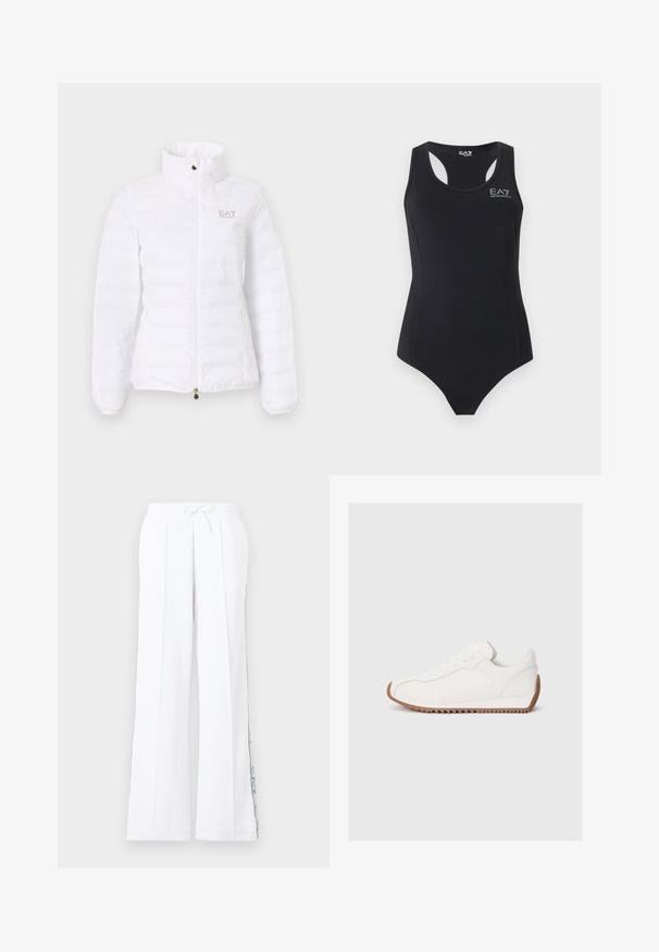 Veste matelassée blanche avec col montant, fermeture éclair avant, poches latérales, et petit logo EA7 Emporio Armani sur la poitrine gauche.; Maillot de bain une pièce noir sans manches avec dos nageur et logo blanc EA7 Emporio Armani sur la poitrine.; Pantalon blanc à jambes larges avec une taille élastique et un cordon de serrage, présentant un discret dessin graphique bleu le long des coutures extérieures.; Baskets blanches avec tige en cuir lisse, semelle en caoutchouc texturée, bout rond et détails de couture subtils. Semelle extérieure en caoutchouc marron contrastante.