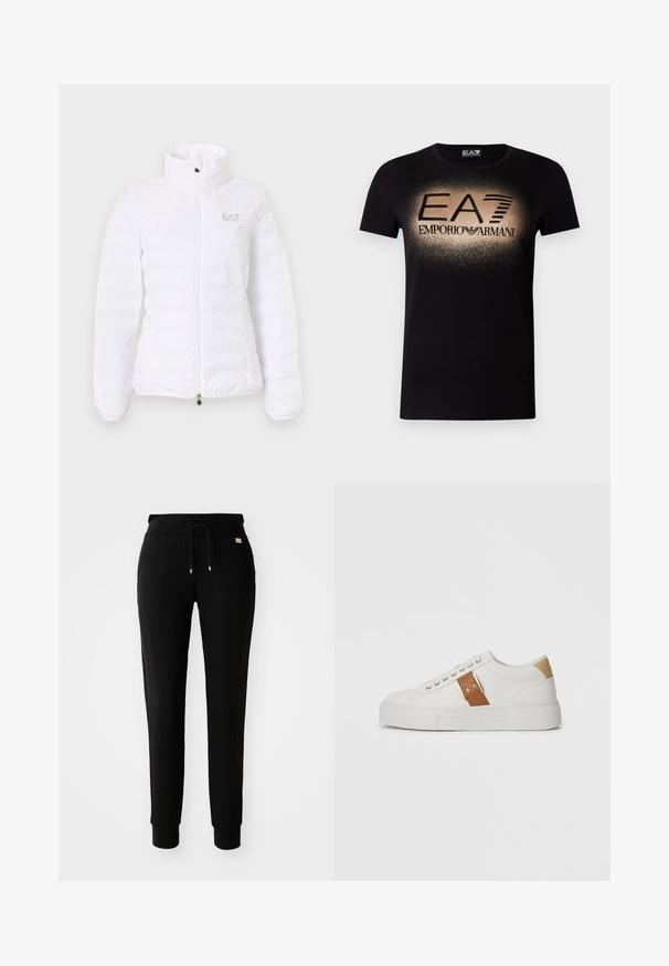 Valge polsterdustega jakk kõrge kraega, ees tõmblukk, küljel taskud ning vasakul rinnal väike EA7 Emporio Armani logo.; Must puuvillane T-särk, millel on gradientseid kuldseid logomustreid ja rindkerel paksult kirjas "EA7 EMPORIO ARMANI". Lühikesed varrukad.; Mustad mustad pingutustega dressipüksid, millel on küljes tõmbluku ja varrukad, esitletud lihtsal valgel taustal.; Valge madala profiiliga tennis, millel on beež kand, pruun nahast rihm kuldse pandlaga ja A|X bränding ning reljeefselt kujundatud Armani Exchange talla.