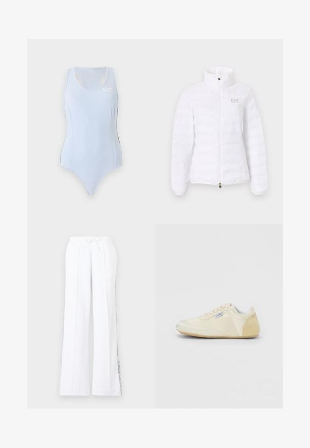 Veste matelassée blanche avec col montant, fermeture éclair avant, poches latérales, et petit logo EA7 Emporio Armani sur la poitrine gauche.; Justaucorps de sport bleu clair sans manches avec dos nageur et petit logo blanc EA7 sur le haut du côté gauche de la poitrine.; Pantalon blanc à jambes larges avec une taille élastique et un cordon de serrage, présentant un discret dessin graphique bleu le long des coutures extérieures.; Baskets basses blanc cassé avec talon en daim, lacets et une petite étiquette en tissu sur le côté, présentées de profil sur un fond uni.