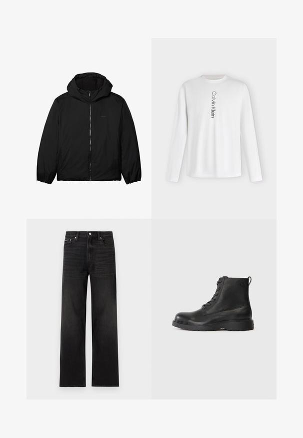 Schwarze Kapuzenjacke mit Frontreißverschluss und elastischen Bündchen, leichtes und glattes Material, minimalistisches Design, geeignet für kaltes Wetter.; Weißes Langarm-Shirt mit Rundhalsausschnitt und vertikalem "Calvin Klein"-Logo, das mittig vorne in Schwarz gedruckt ist.; Schwarze Jeans mit geraden Beinen, fünf Taschen, Gürtelschlaufen und Knopfverschluss, auf weißem Hintergrund dargestellt.; Schwarze Knöchelstiefel aus strukturiertem Leder mit runder Spitze, Schnürdesign und einer robusten schwarzen Gummisohle. Verfügt über eine Schlaufe an der Ferse.