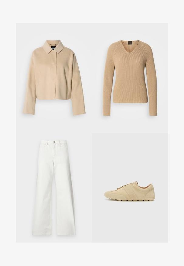 Abrigo corto beige con textura suave de lana, cuello puntiagudo y mangas largas. Presenta una solapa frontal sin botones visibles.; Suéter beige de punto con escote en V, mangas largas y diseño acanalado texturizado con detalles de costura diagonal en los hombros.; Vaqueros blancos de tiro alto y pernera ancha con cierre de botones delanteros, trabillas para cinturón y bolsillos delanteros sobre un fondo liso.; Zapatilla de gamuza marrón con diseño minimalista, punta redonda y suela de goma. Presenta dos franjas verticales y cierre con cordones. Textura suave.