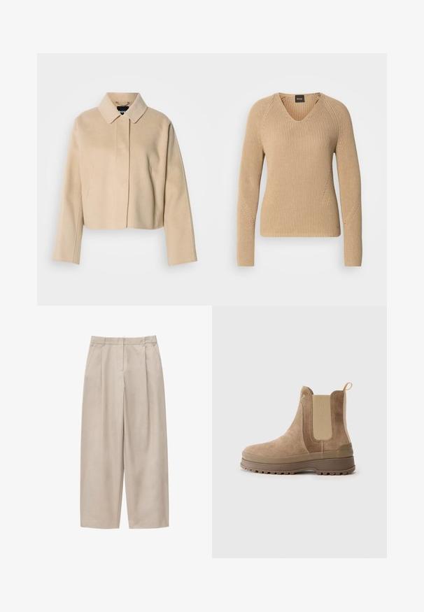 Manteau court beige avec une texture en laine lisse, col pointu et manches longues. Présente une patte de boutonnage à l'avant sans attaches visibles.; Pull beige en maille avec col en V, manches longues et design côtelé texturé avec détails de surpiqûres diagonales sur les épaules.; Pantalon beige à jambes larges avec plis devant, poches latérales, passants pour ceinture et fermeture frontale dissimulée.; Bottines Chelsea en daim marron avec des panneaux élastiques sur les côtés, une languette de tirage, une semelle en caoutchouc et une surface texturée, dotées d'un bout arrondi et d'une conception robuste.