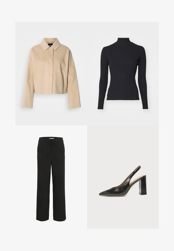 Beige cropped jas met een zachte wollen textuur, een puntige kraag en lange mouwen. Voorzien van een voorpasje zonder zichtbare sluitingen.; Zwarte geribde coltrui met lange mouwen. Gemaakt van rekbare stof met een getailleerde pasvorm en hoge kraag. Eenvoudig ontwerp zonder versieringen.; Zwarte pantalon met streepdessin en een rechte tailleband met riemlussen, gemaakt van geweven stof, met verticale strepen in een contrasterende kleur.; Zwarte leren slingback schoen met spits toelopend neusje, hoge blokhak en beige binnenvoering tegen een effen lichte achtergrond.