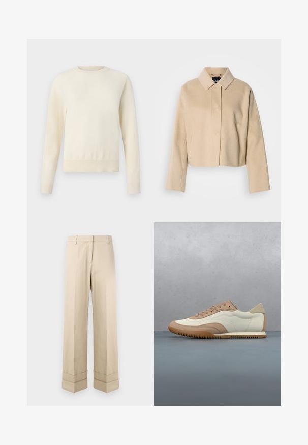 Abrigo corto beige con textura suave de lana, cuello puntiagudo y mangas largas. Presenta una solapa frontal sin botones visibles.; Suéter de color crema claro con mangas largas, cuello redondo y dobladillo de canalé. Fabricado con un material suave, presenta una textura lisa.; Pantalones beige de corte recto, con un doble puño en el dobladillo y un diseño de frente plano. Fabricados en una tela suave y duradera.; Zapatilla en crema y beige con parte superior texturizada, cordones y suela de goma, exhibida sobre una superficie de madera con piedras.