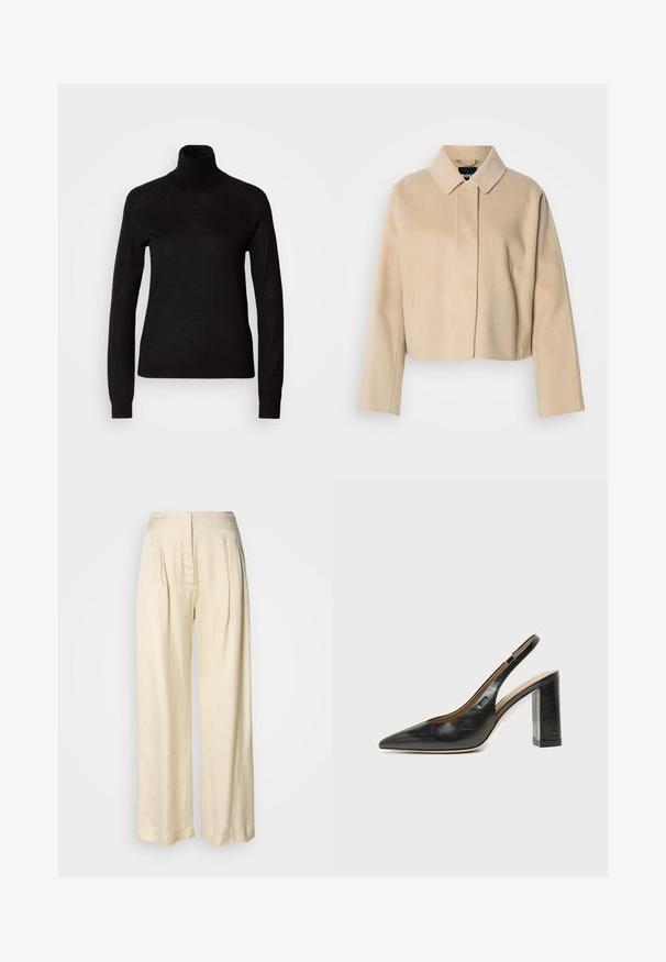 Manteau court beige avec une texture en laine lisse, col pointu et manches longues. Présente une patte de boutonnage à l'avant sans attaches visibles.; Pull à col roulé noir en tissu tricot léger. Avec des manches longues et une silhouette ajustée dotée de coutures raglan.; Pantalon en soie crème taille haute avec plis, jambes larges et fermeture éclair avant dissimulée sur un fond blanc uni.; Chaussure slingback en cuir noir à bout pointu avec un talon bloc haut et une doublure intérieure beige sur un fond clair uni.