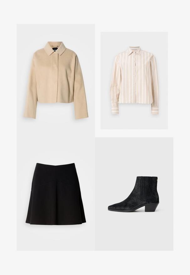 Beige cropped jas met een zachte wollen textuur, een puntige kraag en lange mouwen. Voorzien van een voorpasje zonder zichtbare sluitingen.; Beige en wit verticaal gestreept overhemd met lange mouwen, knoopsluiting, puntkraag en knoopmanchetten, afgebeeld op een lichte, vlakke achtergrond.; Zwarte klokrok van zacht stof, met een strakke tailleband en naaddetails. Glad textuur met een eenvoudig, klassiek ontwerp.; Zwarte enkelboot met een spitse neus, textuur die lijkt op haar, ribbelpaneel aan de zijkant en een lage blokhak. Eenvoudig en modern ontwerp.