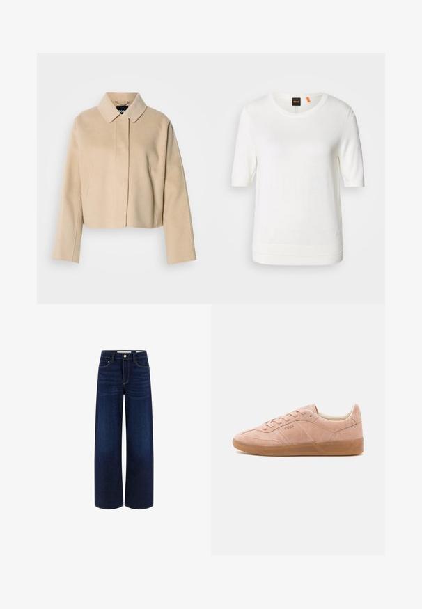 Beige cropped jas met een zachte wollen textuur, een puntige kraag en lange mouwen. Voorzien van een voorpasje zonder zichtbare sluitingen.; Witte korte mouw gebreide top met een ronde halslijn, ribbelzoom en zachte textuur. Logotag met oranje accent bij de kraag.; Wijde denim jeans in donkerblauw met een soepele textuur, voorzien van een voorknoopsluiting en een ontwerp met vijf zakken.; Lichtroze suède sneakers met een rubberen zool, ronde neus en vetersluiting. Heeft minimale branding aan de zijkant en op de hiel.