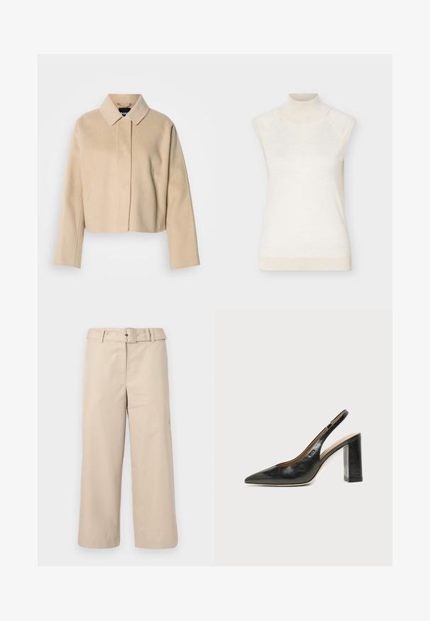 Manteau court beige avec une texture en laine lisse, col pointu et manches longues. Présente une patte de boutonnage à l'avant sans attaches visibles.; Pull sans manches à col roulé crème avec col et ourlet côtelés, présenté sur un fond clair uni.; Pantalons beige à jambes larges en tissu lisse. Dispose d'une taille ceinturée et de deux poches latérales. Coutures épurées et ourlet fini.; Chaussure slingback en cuir noir à bout pointu avec un talon bloc haut et une doublure intérieure beige sur un fond clair uni.
