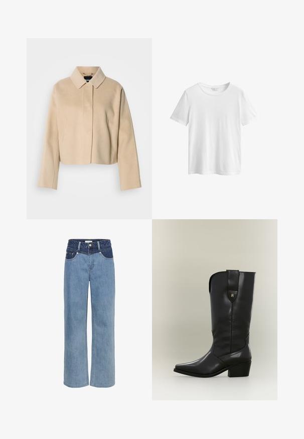 Beige cropped jas met een zachte wollen textuur, een puntige kraag en lange mouwen. Voorzien van een voorpasje zonder zichtbare sluitingen.; Effen witte korte mouw katoenen T-shirt met ronde hals en GANT-merklabel binnenin de kraag, afgebeeld op een witte achtergrond.; Lichtblauwe denim wijde jeans met een hoge taille, vijf-pocket ontwerp en een contrasterende donkerblauwe patch aan de voorkant.; Hoge zwarte leren cowboylaars met spitse neus, stevige hak en treklus met een klein gouden logo.