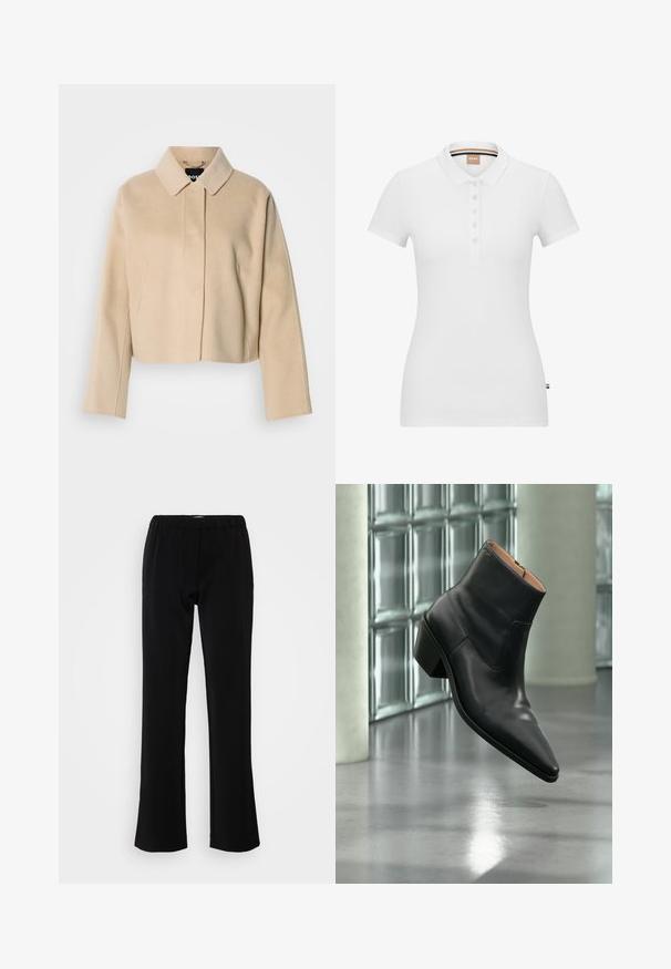 Manteau court beige avec une texture en laine lisse, col pointu et manches longues. Présente une patte de boutonnage à l'avant sans attaches visibles.; Polo shirt blanc en coton, avec des manches courtes, un col et une patte de boutonnage. Logo de marque discret brodé sur la poitrine.; Pantalons noirs avec un design évasé, fabriqués en tissu lisse. Présentent une taille élastique pour le confort et une silhouette épurée et simple.; Bottine en cuir noir avec un bout pointu et un talon carré lévitant au-dessus d'un sol gris réfléchissant près d'un mur en blocs de verre.