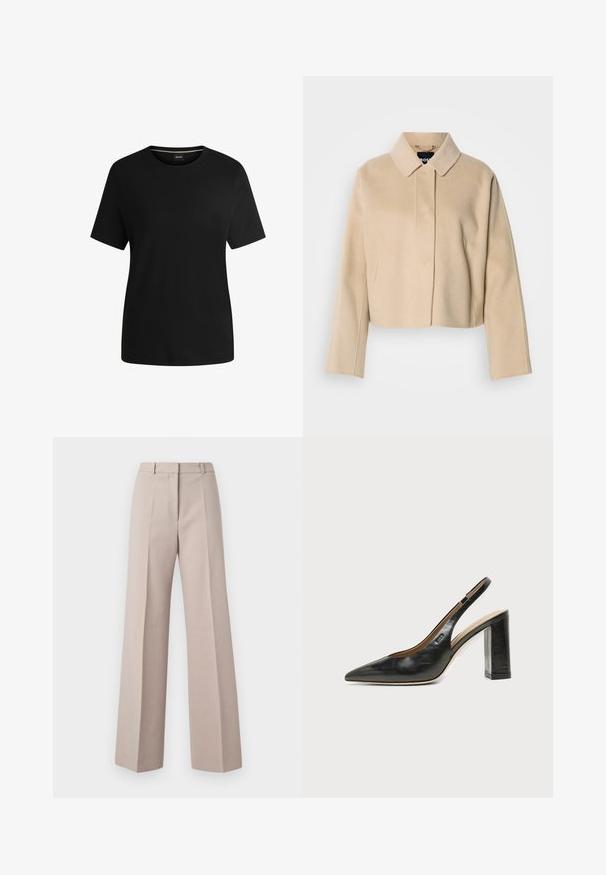 Manteau court beige avec une texture en laine lisse, col pointu et manches longues. Présente une patte de boutonnage à l'avant sans attaches visibles.; T-shirt noir à manches courtes en coton doux, avec un col rond et une texture lisse. Design simple sans motifs ni accents.; Pantalons beige à jambes larges en tissu lisse, avec une taille haute, des plis avant et une silhouette ajustée.; Chaussure slingback en cuir noir à bout pointu avec un talon bloc haut et une doublure intérieure beige sur un fond clair uni.