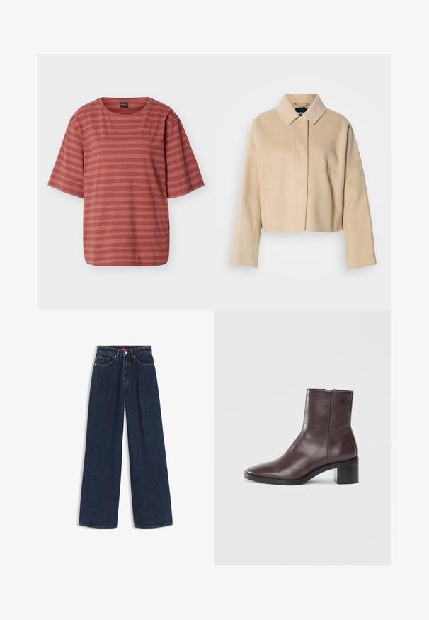 Manteau court beige avec une texture en laine lisse, col pointu et manches longues. Présente une patte de boutonnage à l'avant sans attaches visibles.; T-shirt à manches courtes couleur rouille avec de fines rayures horizontales blanches et un petit logo brodé sur le côté gauche de la poitrine.; Jean en denim bleu foncé à jambes larges avec bouton frontal, fermeture éclair, cinq poches et logo discret de la marque sur la petite poche avant.; Bottine en cuir marron foncé avec un orteil carré, un talon bloc et un logo embossé subtil près du haut sur fond blanc uni.
