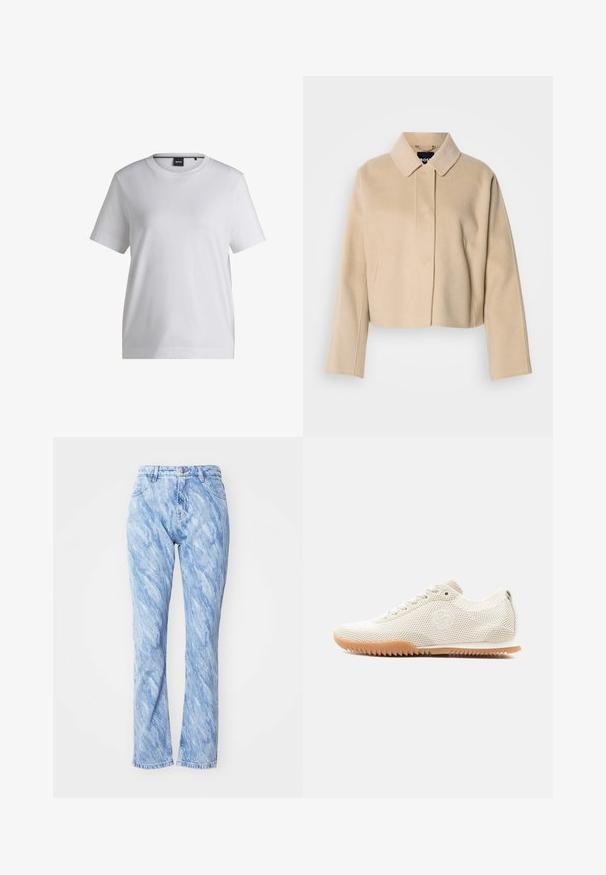 Abrigo corto beige con textura suave de lana, cuello puntiagudo y mangas largas. Presenta una solapa frontal sin botones visibles.; Camiseta de algodón blanca con cuello redondo, mangas cortas y un corte relajado. Presenta una pequeña etiqueta de la marca cerca del cuello.; Jeans de mezclilla azul claro con un patrón ondulado y marmoleado, que cuentan con una cintura alta, piernas rectas, cinco bolsillos y una cremallera de botón.; Zapatilla de malla beige claro con cordones, suela de goma con dibujo en zigzag y logo bordado sutil en el lateral, vista desde el perfil izquierdo.
