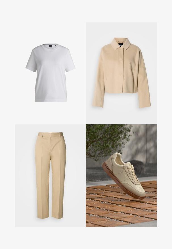 Beige cropped jas met een zachte wollen textuur, een puntige kraag en lange mouwen. Voorzien van een voorpasje zonder zichtbare sluitingen.; Witte katoenen t-shirt met een ronde halslijn, korte mouwen en een ontspannen pasvorm. Heeft een klein merketiket nabij de kraag.; Beige rechte broek met riemlussen, voorplooi en verborgen sluiting, afgebeeld tegen een lichte achtergrond.; Beige leren sneaker met bruine zool zwevend boven een betegeld buitenterrein met verspreide kleine steentjes en groene bladeren op de achtergrond.