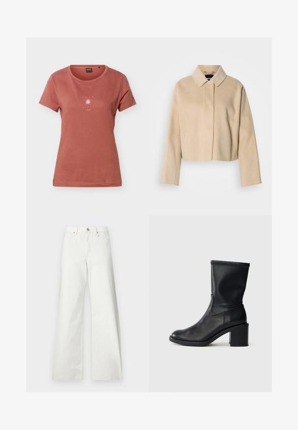Manteau court beige avec une texture en laine lisse, col pointu et manches longues. Présente une patte de boutonnage à l'avant sans attaches visibles.; T-shirt à manches courtes couleur rouille avec un col rond et un petit graphisme de soleil rose avec le texte "AMAR EL SOL" sur la poitrine.; Jean blanc taille haute à jambes larges, fermeture à boutons devant, passants de ceinture et poches avant sur fond uni.; Botte en cuir noir à cheville avec un bout rond, texture lisse et un talon épais, présentant un tige ajustée et un subtil détail de couture.