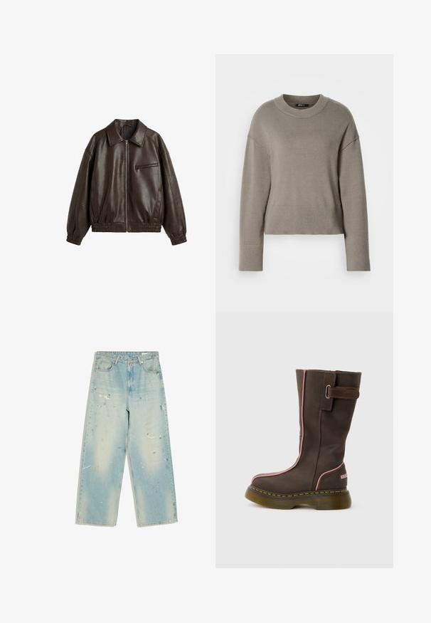 Donkerbruine leren jas met een ritssluiting aan de voorkant, elastische manchetten en zoom, een kraag, twee zijzakken en een borstzak met rits.; Lichtgrijs cropped sweater met een ronde halslijn, doorgeschoven schouders en ribgebreide manchetten en zoom. Zachte textuur, eenvoudig ontwerp.; Lichtblauwe wijde jeans met vervaagde delen, verfspatten en versleten details op de voorzakken en pijpen.; Bruine lederen laars tot halverwege de kuit met roze bies, dikke doorschijnende zool, gele stiksels en een zijriem met metalen gesp.