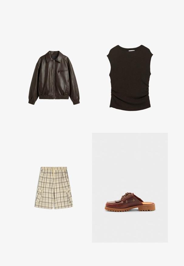 Veste en cuir marron foncé avec une fermeture éclair à l'avant, poignets et ourlet élastiques, un col, deux poches latérales et une poche poitrine zippée.; Haut noir sans manches et ajusté avec un col rond et un léger froncé sur les côtés, posé à plat sur un fond blanc.; Short cargo à carreaux beige et gris avec taille élastique, cordon de serrage et poches à rabat sur les deux côtés, posé à plat sur fond blanc.; Chaussure en cuir marron à enfiler au style mocassin, avec des lacets décoratifs, des œillets dorés et une semelle en caoutchouc texturé.