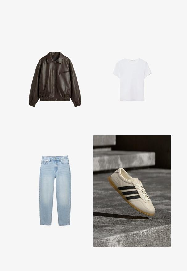Mørkebrun læderjakke med frontlynlås, elastiske manchetter og kant, krave, to sidelommer og en brystlomme med lynlås.; Hvid kortærmet t-shirt lavet af blødt stof. Har en rund halsudskæring og et simpelt, rent design med en lige underkant.; Lyseblå jeans med høj talje og lige ben med forreste knap, lynlås lukning, bæltestropper og fem-lomme-design på hvid baggrund.; Hvid sneaker med sorte striber og gummisål svæver over betontrapper i blødt dagslys.