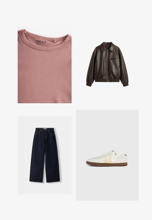 Veste en cuir marron foncé avec une fermeture éclair à l'avant, poignets et ourlet élastiques, un col, deux poches latérales et une poche poitrine zippée.; T-shirt à manches longues à col ras-du-cou couleur rose poudré, en coton doux, avec un col rond simple et une texture lisse. L'étiquette indique "NEXT."; Jean large en denim bleu foncé à taille haute, avec cinq poches, des coutures contrastées et des éléments en métal argenté. Texture lisse et finition soignée.; Baskets basses couleur crème avec logo "V" beige, détails de couture, semelle marron clair et texte noir sur le talon et le côté de la languette.