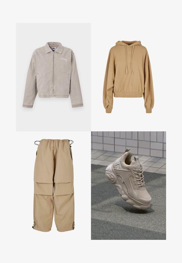 Grå kort jakke i velour med krave, frontlynlås og broderet logo på brystet. Har sidelommer og ensartet tekstur.; Beige oversized hoodie med snoretræk i hætten, brede ærmer og ribbet kant. Blødt stof med en glat tekstur og minimal detaljering.; Beige cargo bukser med elastisk talje, lagdelt design og sidelommer. Har justerbare manchetter med toggles for en tilpasset pasform.; Beige atletisk sko med overdel i mesh og syntetisk materiale, polstret krave og kraftig sål med strukturerede detaljer. Branding synlig på siden.